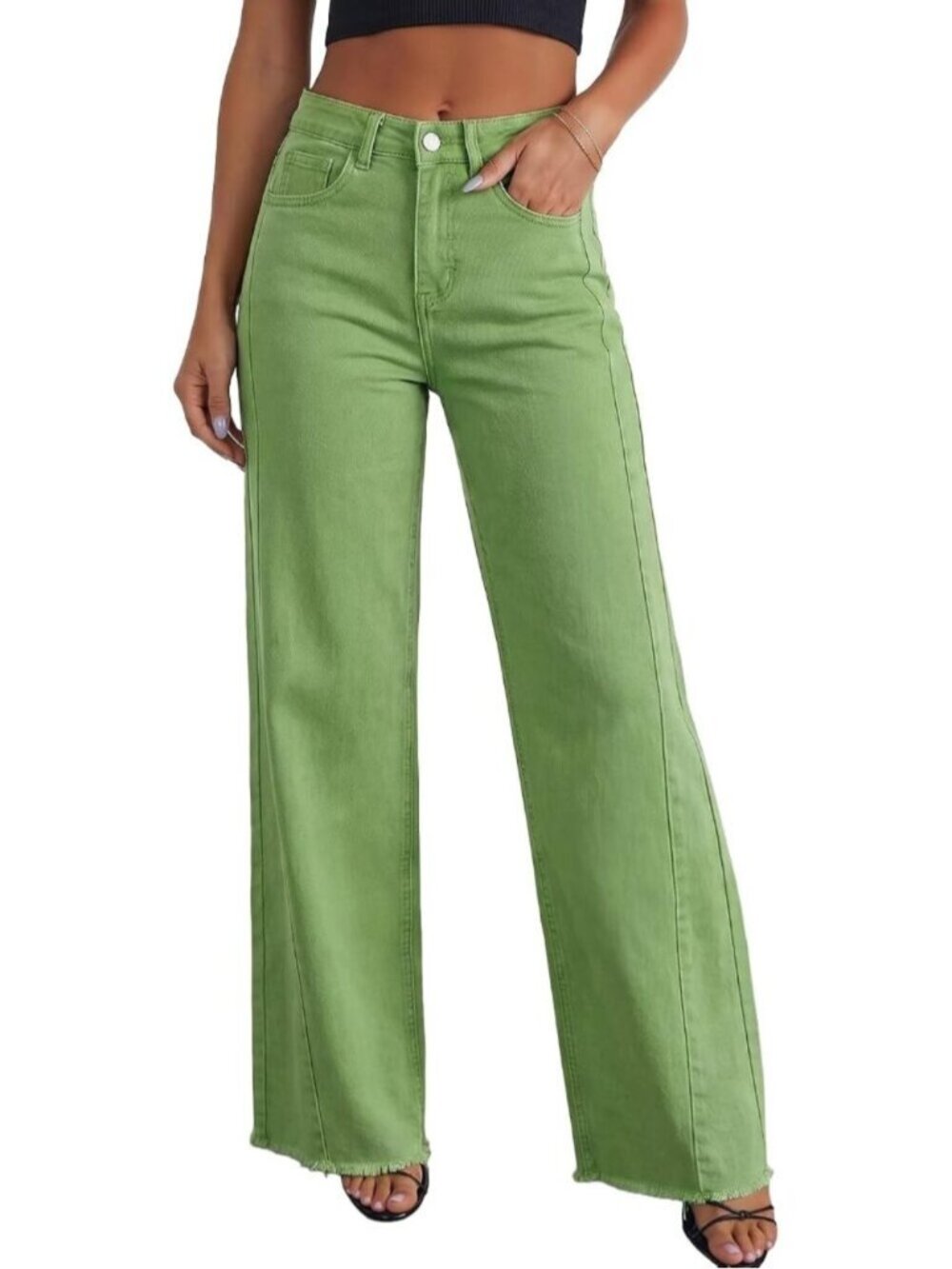 Womens Smoke Green Leg Jeans High Waisted Stretchy Length Side Seam Denim Pants